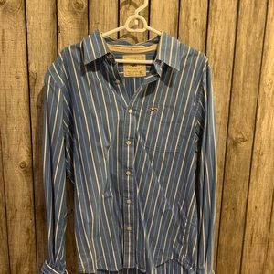 Hollister blue with thin white stripes long sleeve button down shirt